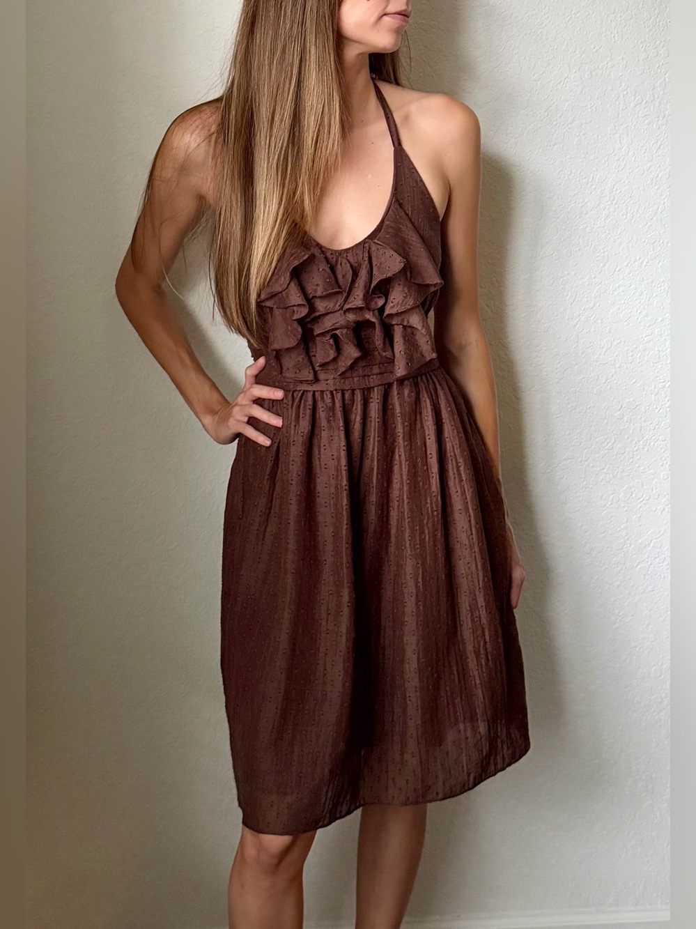Max & Cleo Brown Ruffle Halter Midi Dress